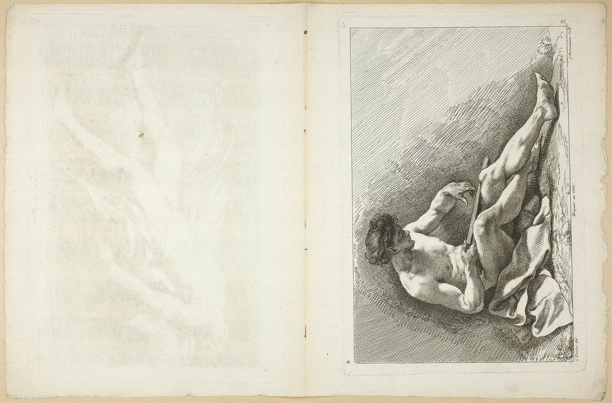 Figur (recto og verso), fra Second book of figures of Academies gravert delvis av professorene ved Royal Academy av Jean Baptiste Perronneau