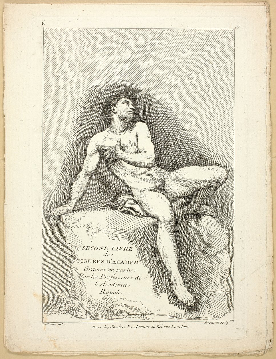 Figur (recto og verso), fra Second book of figures of Academies gravert delvis av professorene ved Royal Academy av Jean Baptiste Perronneau