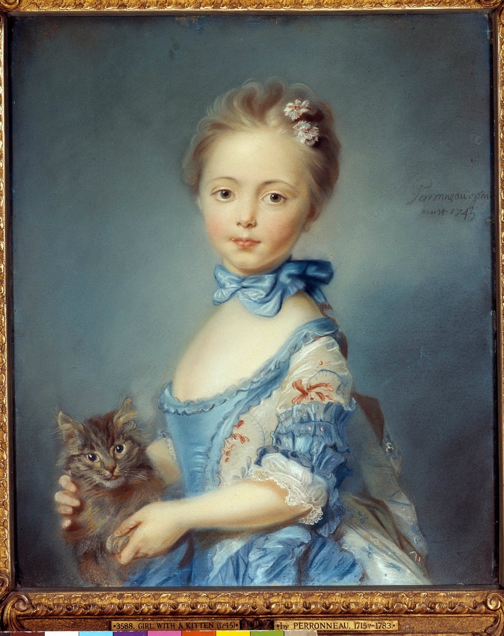 Portrett av den unge jenta med en katt Pastellmaleri av Jean-Baptiste Perroneau (Jean Baptiste Perronneau) (1715-1783) av Jean Baptiste Perronneau
