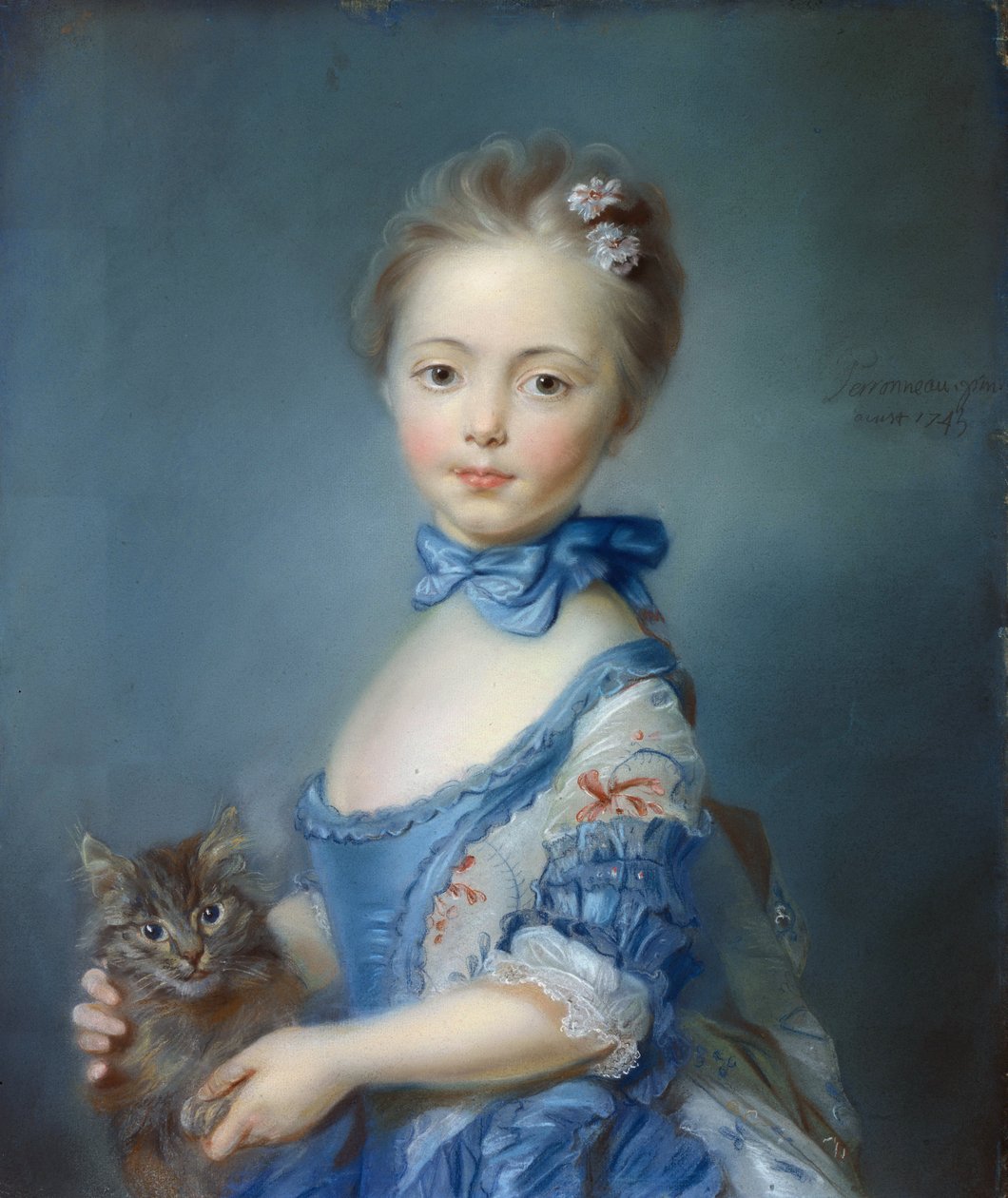 Portrett av den unge jenta med en katt” Pastellmaleri av Jean-Baptiste Perroneau (Jean Baptiste Perronneau) (1715-1783) av Jean Baptiste Perronneau