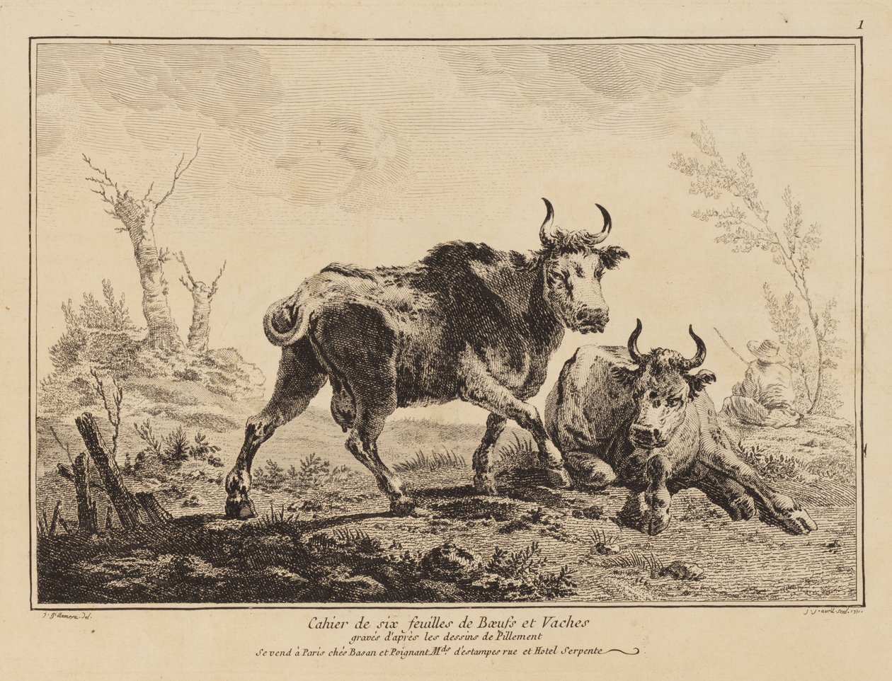 Notatbok med seks ark med okse og kyr av Jean Baptiste Pillement