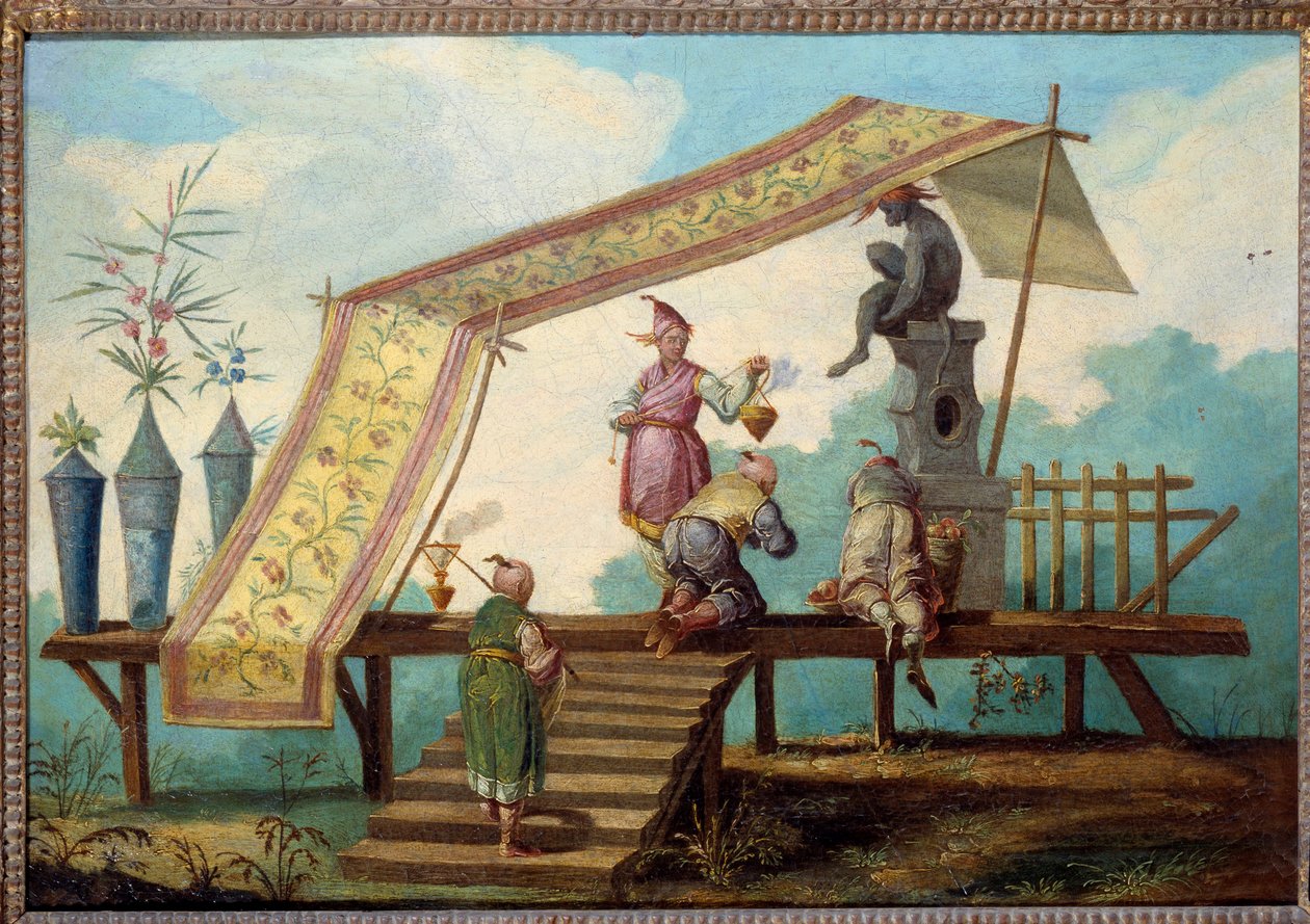 Chinoiserie: Dekorativt panel som representerer et kinesisk tilbud. Dørtopp malt av Jean Pillement (1728-1808) av Jean Baptiste Pillement