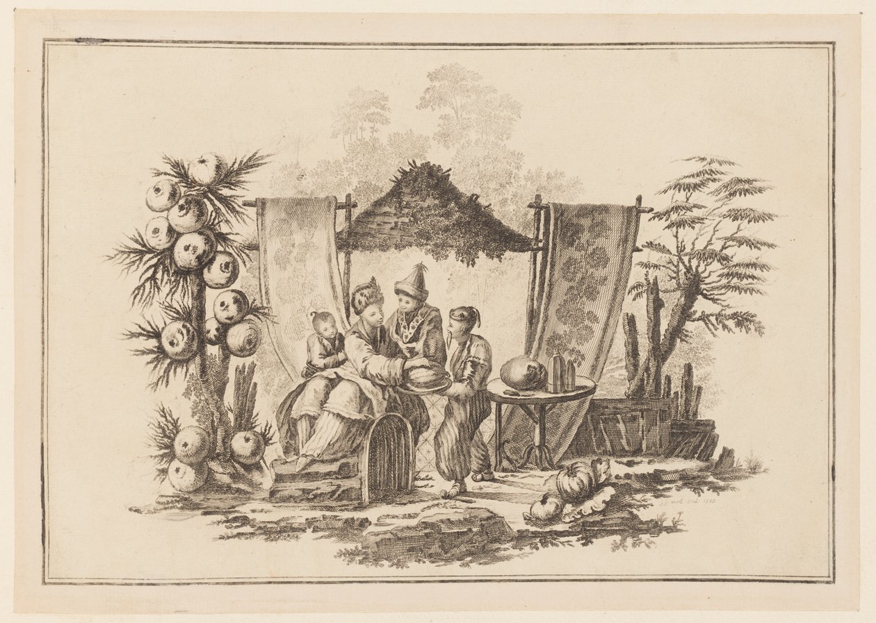 Figurer med en squash, fra "Ny notatbok med seks ark med forskjellige historiske kinesiske emner" av Jean Baptiste Pillement