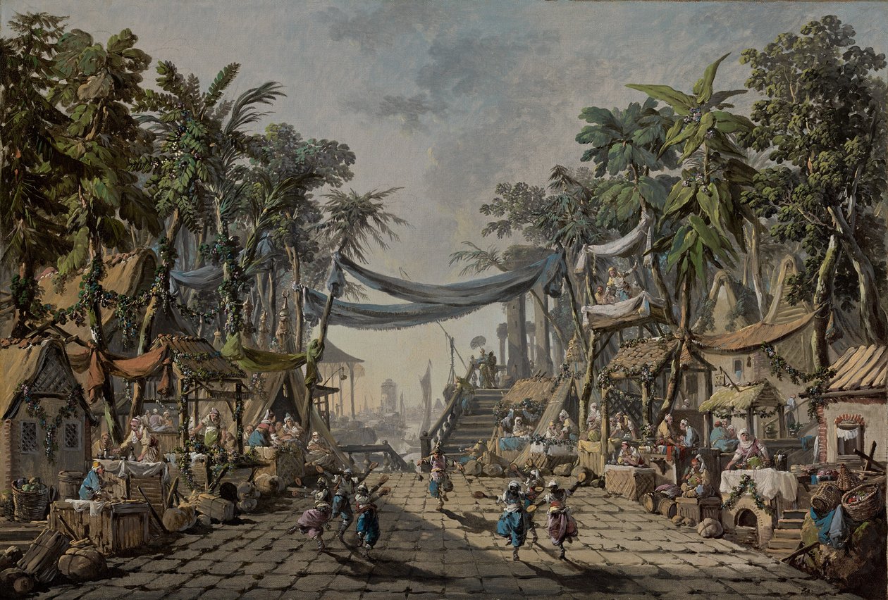 Markedsscene i en imaginær orientalsk havn, ca. 1764 (olje på lerret) av Jean Baptiste Pillement