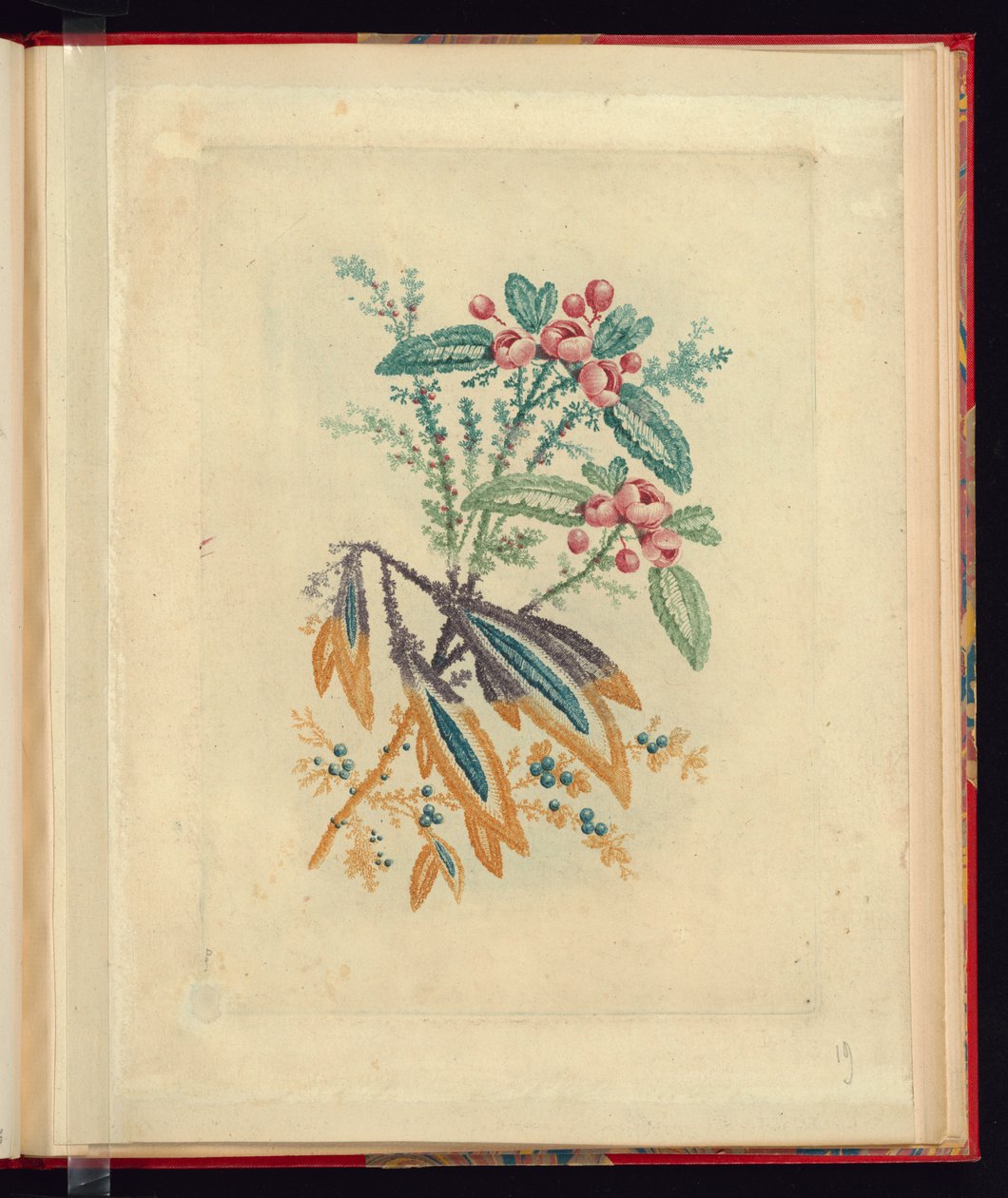 Ornamental design med små røde blomster og bær, fra New Suite of Natural Flower Notebooks for the Use of Draughters and Malers, No.1 av Jean Baptiste Pillement