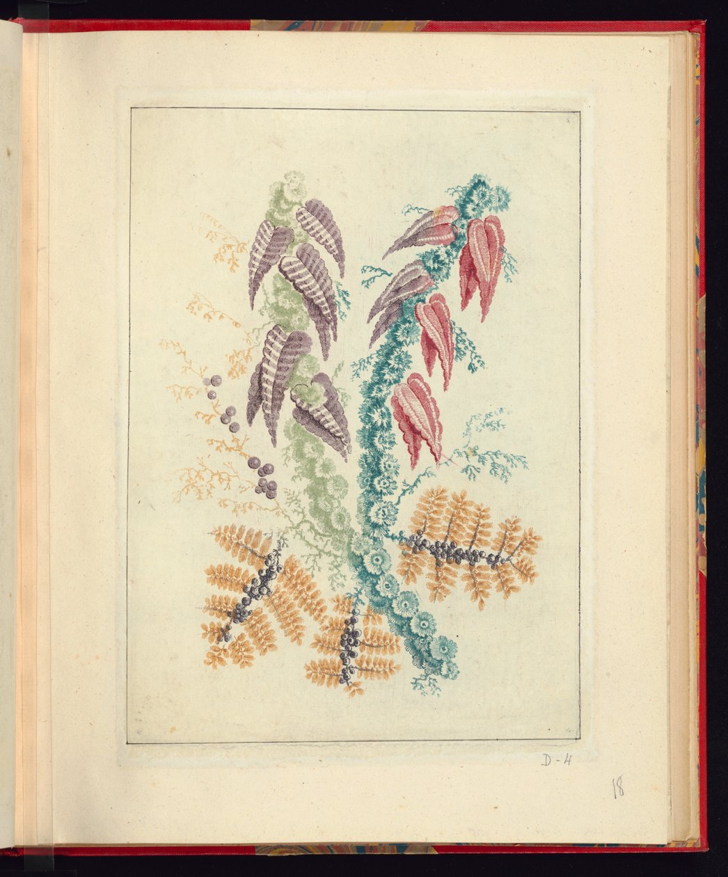 Ornamental design med trekantede lilla og røde blader, fra New Suite of Natural Flower Notebooks for the Use of Drafters and Painters, No.1 av Jean Baptiste Pillement