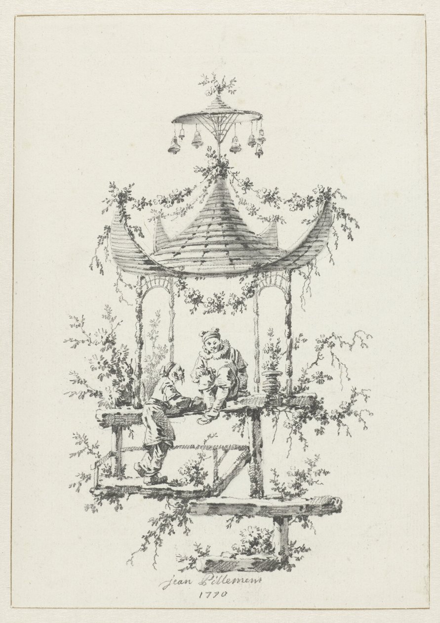 Ornamental komposisjon i chinoiserie-stil Ornamental design i chinoiserie-stil for Deuxième Cahier de six Baraques Chinoises (serietittel) av Jean Baptiste Pillement