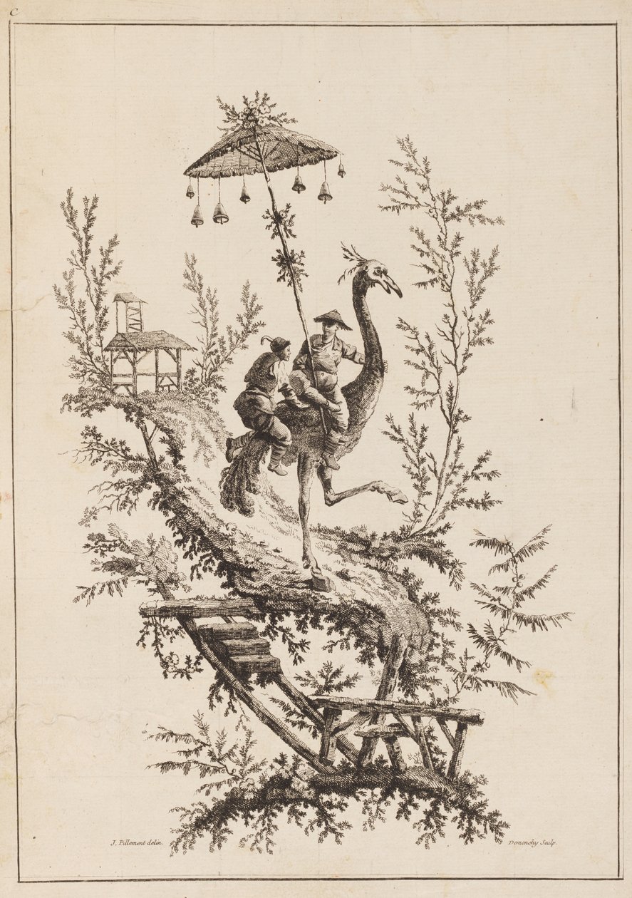 Struts Rirders, tallerken fra et sett med Chinoiserie-representasjoner av Jean Baptiste Pillement
