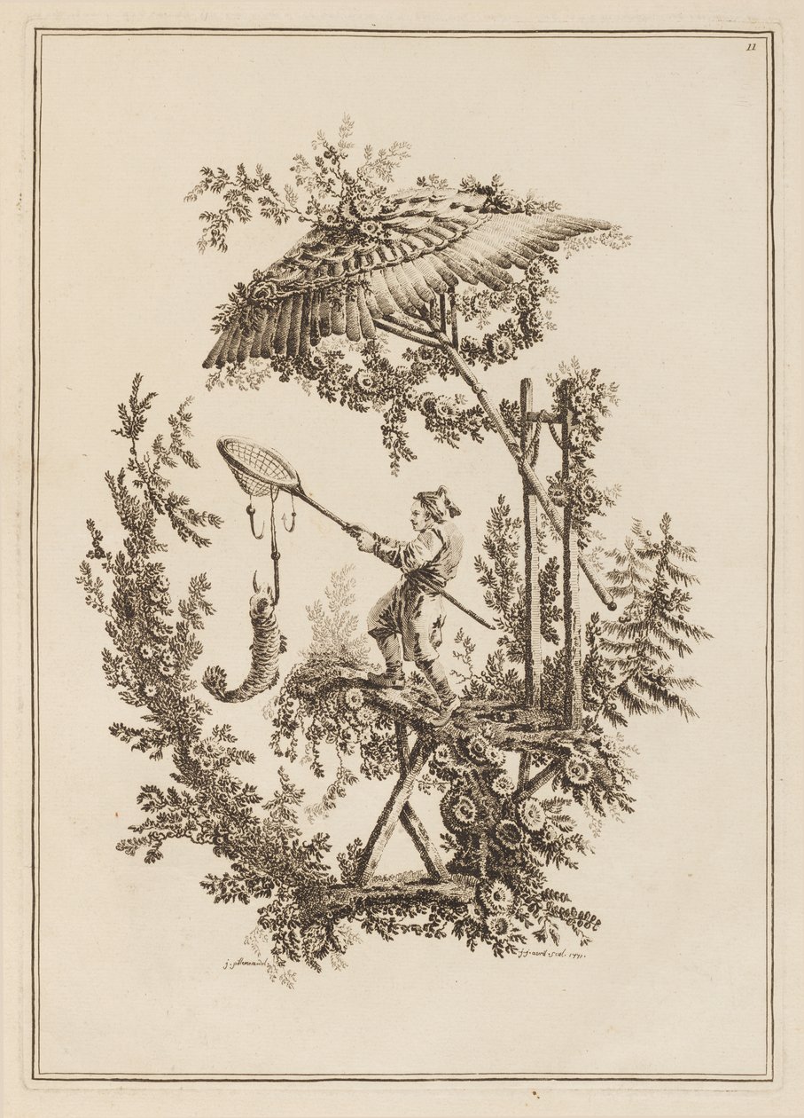 Plate 11, fra "Suite of Twelve Fishermen and Hunters" av Jean Baptiste Pillement