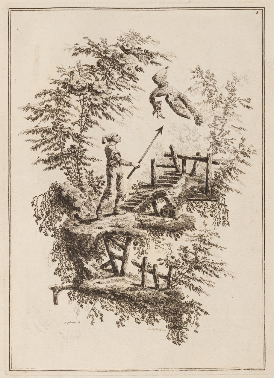 Plate 3, "Suite av tolv fiskere og jegere" av Jean Baptiste Pillement