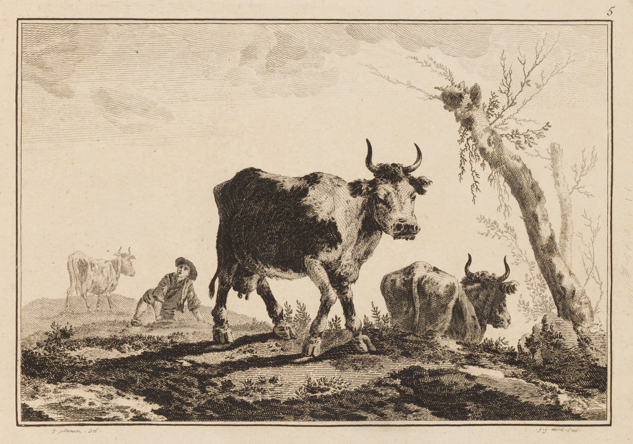 Plate 5, "Notatbok med seks ark med okser og kyr" av Jean Baptiste Pillement