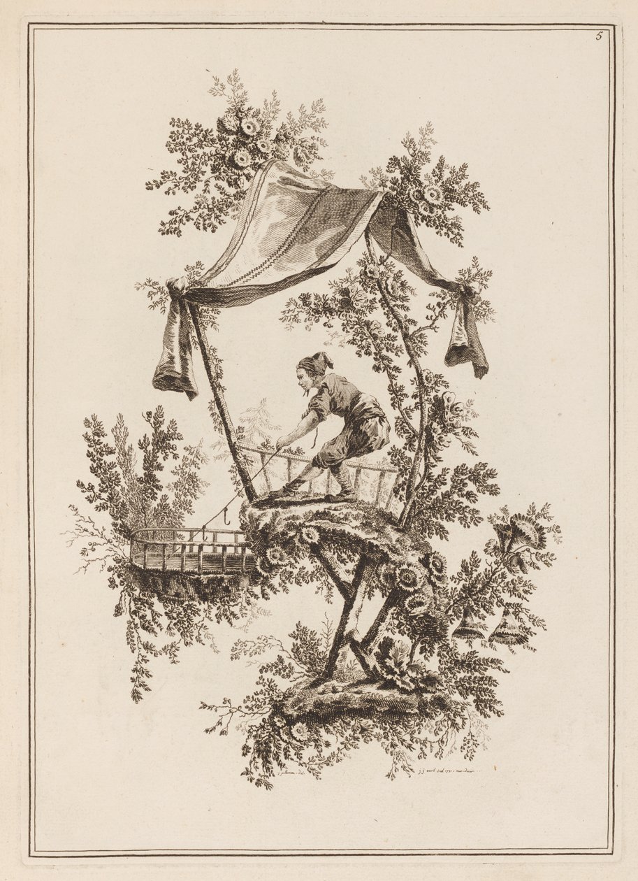 Plate 5, "Suite av tolv fiskere og jegere" av Jean Baptiste Pillement