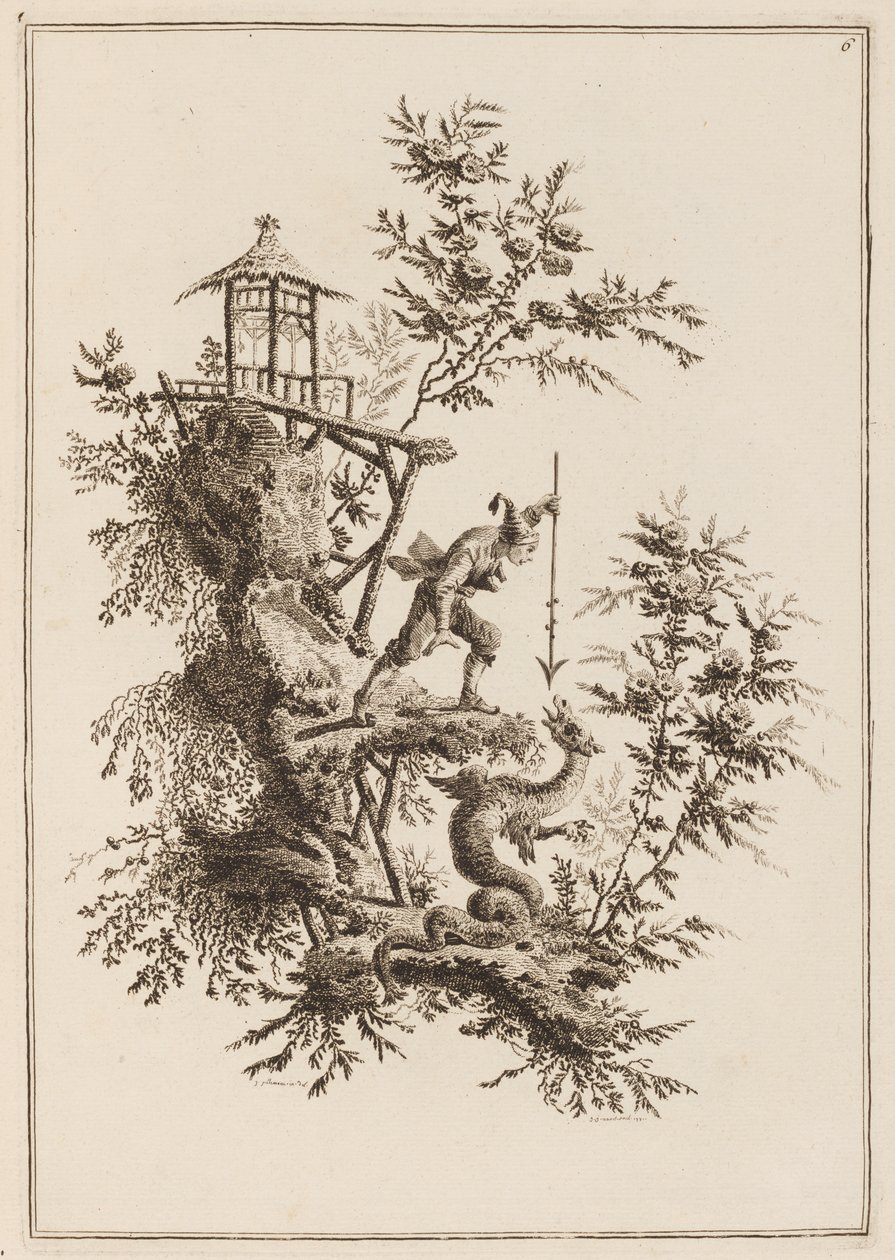 Plate 6, "Suite av tolv fiskere og jegere" av Jean Baptiste Pillement