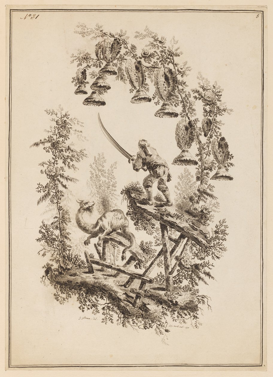 Plate 8, "Suite av tolv fiskere og jegere" av Jean Baptiste Pillement
