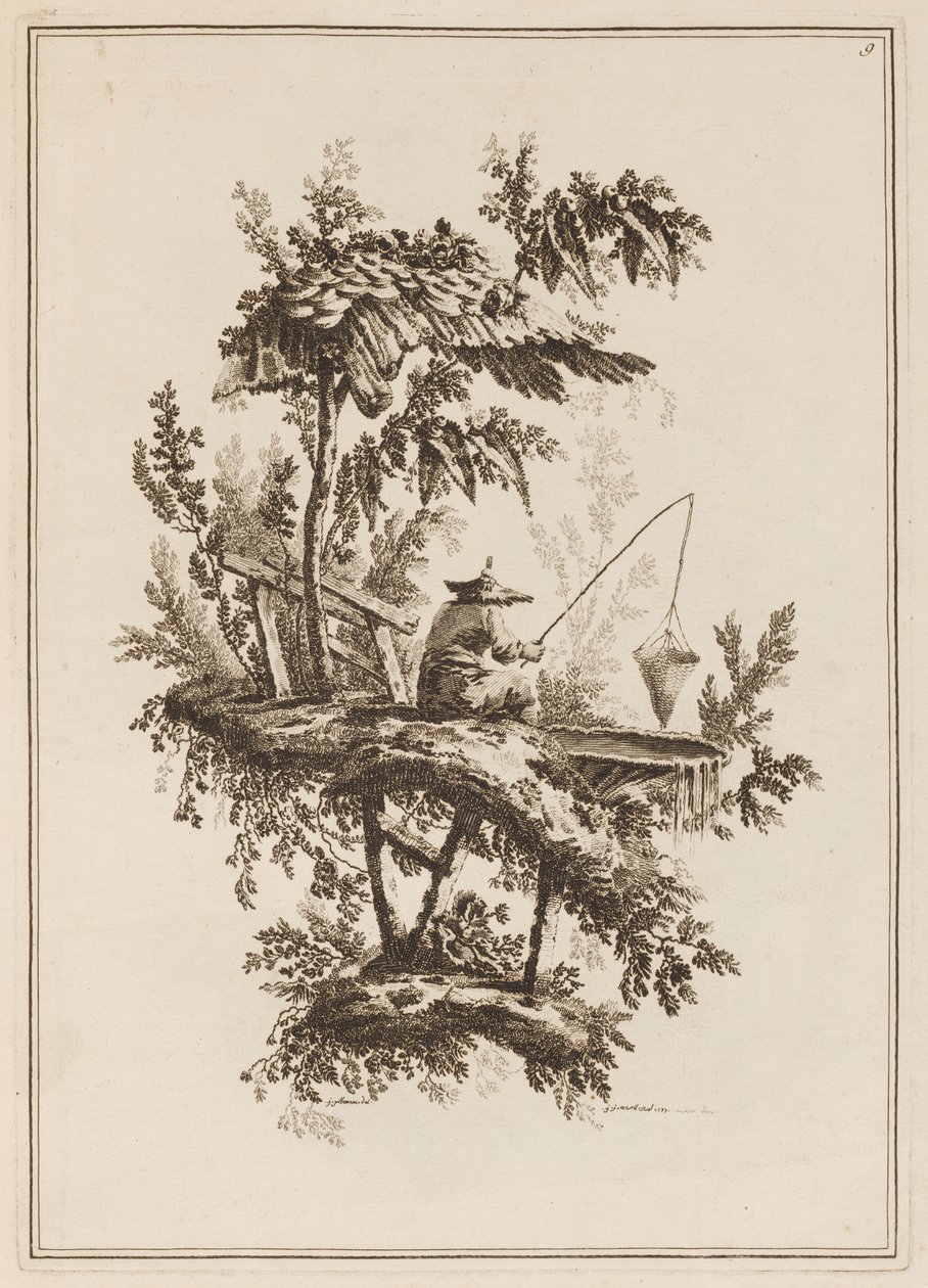 Plate 9, "Suite av tolv fiskere og jegere" av Jean Baptiste Pillement