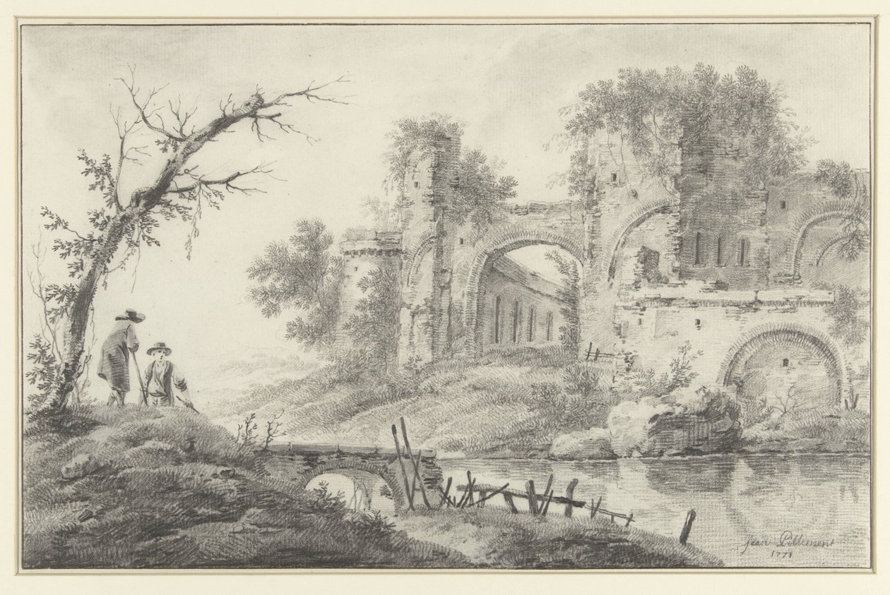 Ruin ved en elv med to bønder av Jean Baptiste Pillement