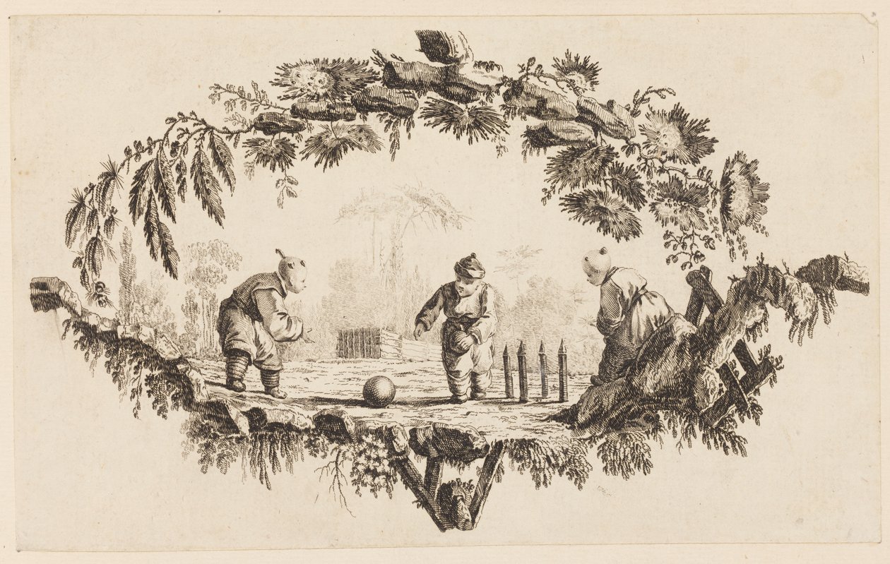 Tre figurer som leker med en ball, fra "Samling av flere kinesiske barnespill" av Jean Baptiste Pillement