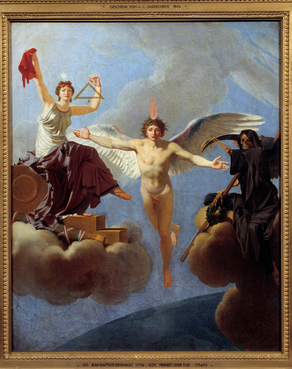 La Liberte ou la Mort Allegorie de la Liberte til venstre, dekket av Diademe de la Reason, arven til Siecle des Lumieres. Med venstre hånd svingte hun torget og blytråden som symboliserer likhet i statsborgerskap. Det legemliggjør verdiene til t av Jean Baptiste Regnault