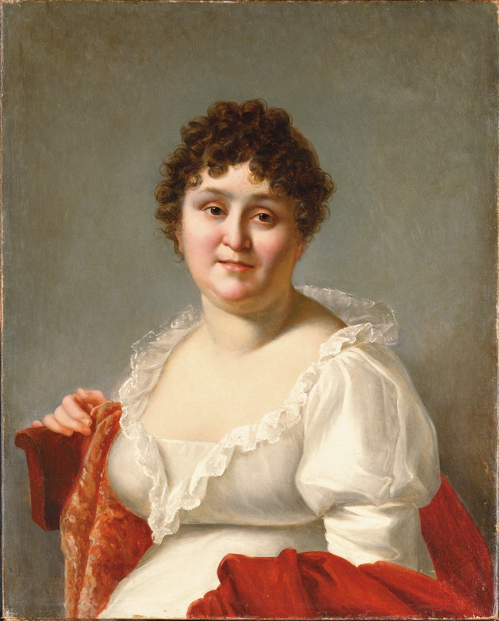 Portrett av Madame Regnault, bystelengde, i en hvit kjole og persimmonsjal (olje på lerret) av Jean Baptiste Regnault