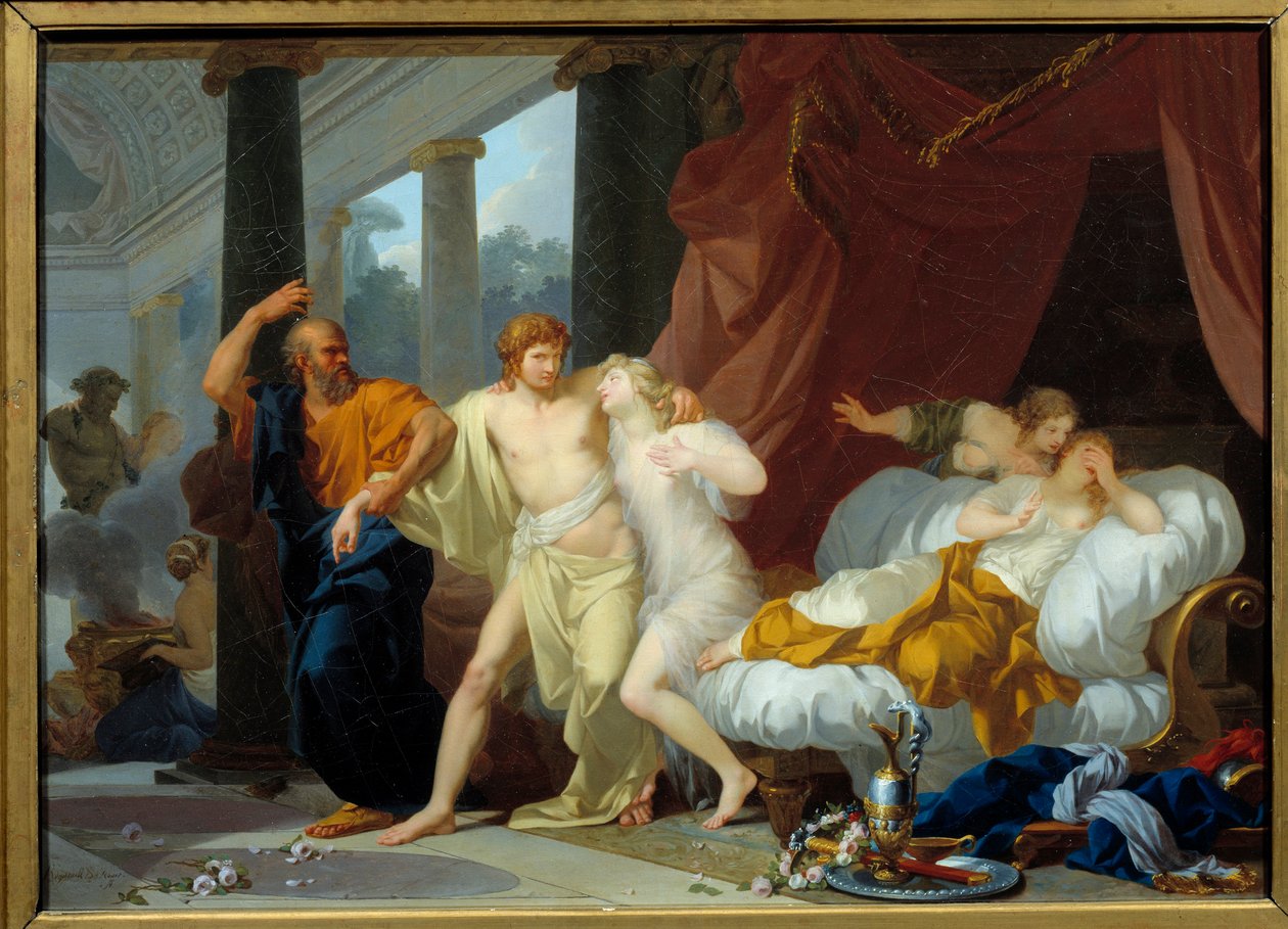 Sokrates trekker Alkibiade ut av voluptens barm Filosofen Sokrates trener sin disippel Alkibiade (450-404 f.Kr.) bort fra fortapelsens steder. Maleri av Jean Baptiste Regnault (1754-1829) 1791 søn. 0,46x0,63 m av Jean Baptiste Regnault