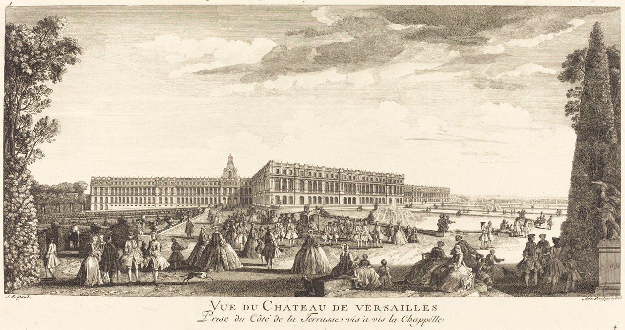 Utsikt over slottet i Versailles tatt fra siden av terrassen overfor kapellet av Jean Baptiste Rigaud