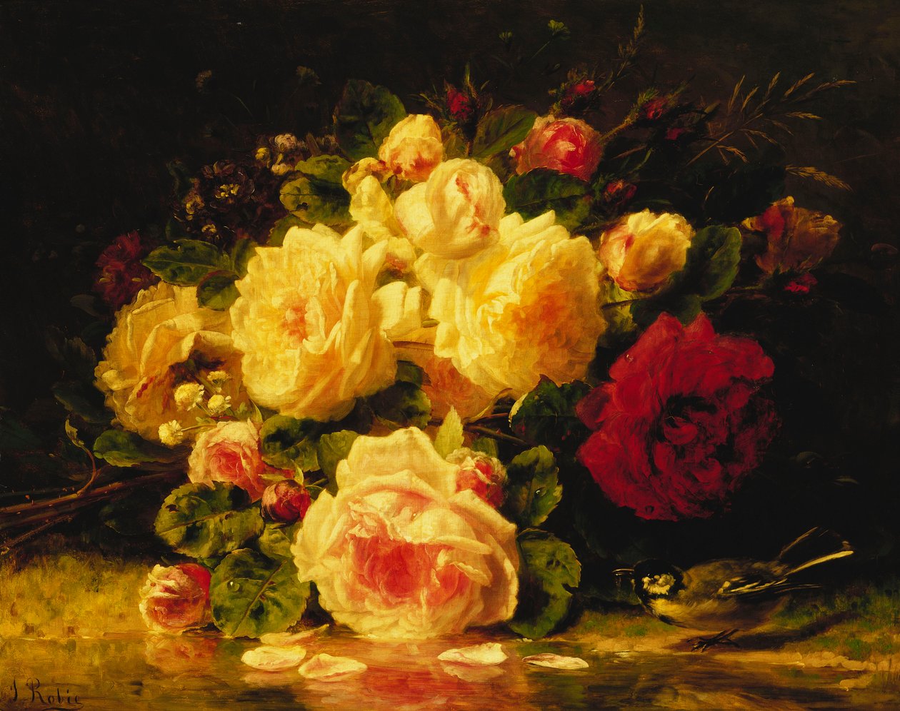 Roser med blåmeis ved en bekk, av Jean Baptiste Robie