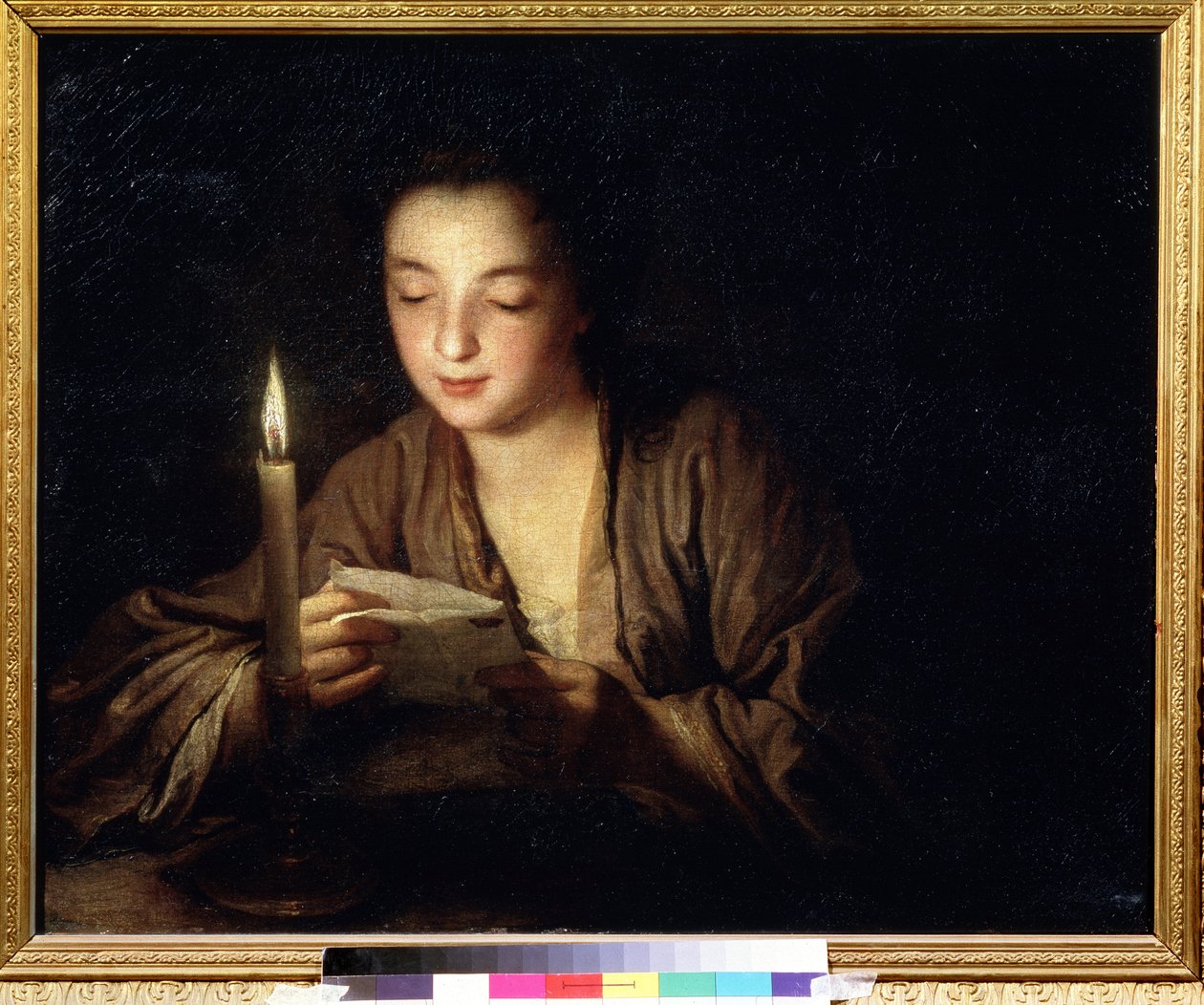 Jente med et stearinlys. Maleri av Jean Baptiste Santerre (1658-1717). Olje på lerret, 64 x 79 cm, ca 1700. Fransk kunst fra 1700-tallet. Pushkin Museum of Fine Arts, Moskva. av Jean Baptiste Santerre