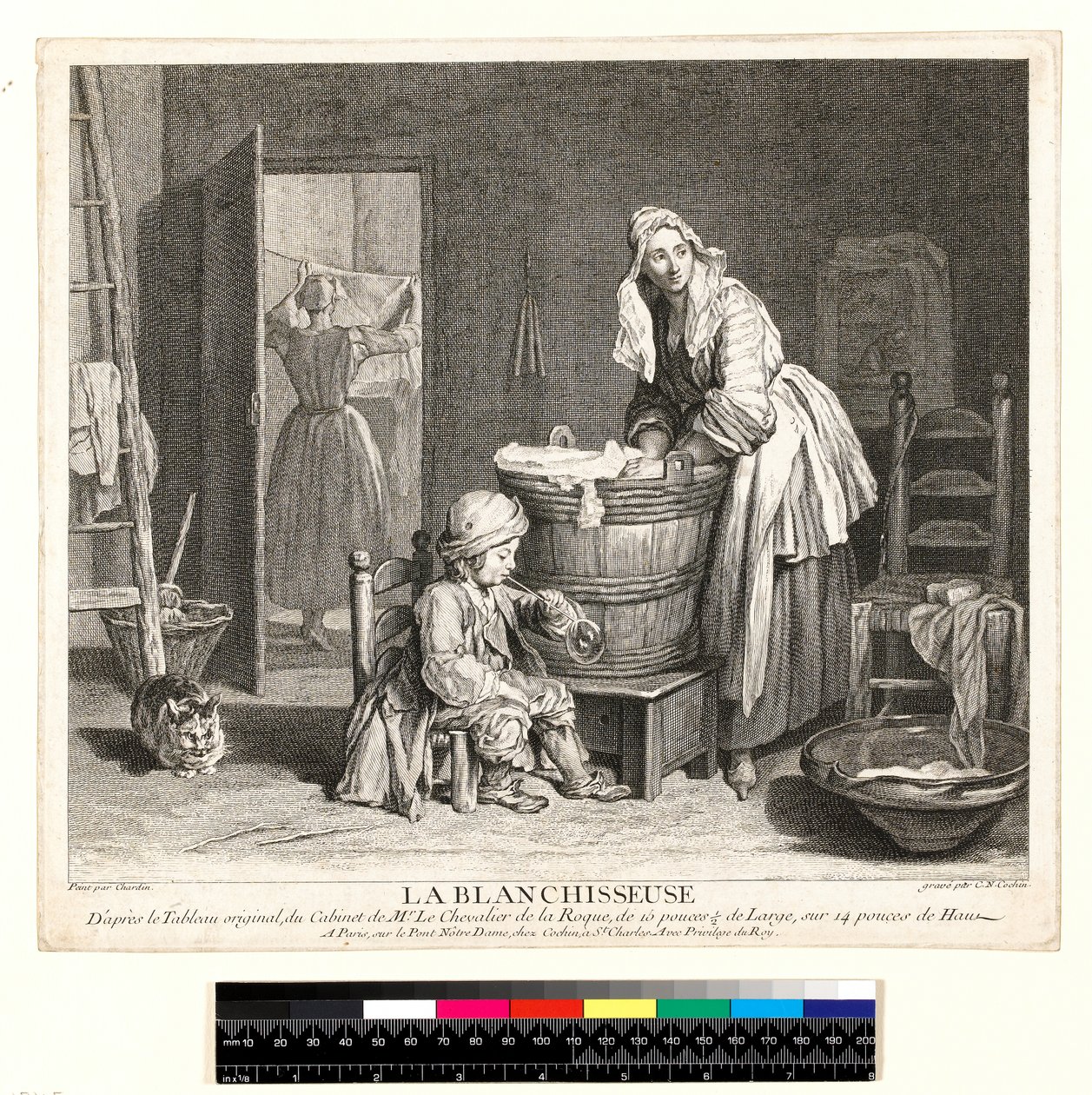 La Blanchisseuse, gravert av Charles Nicolas Cochin I (1688-1754) 1739 (etsing og gravering) av Jean Baptiste Simeon (after) Chardin