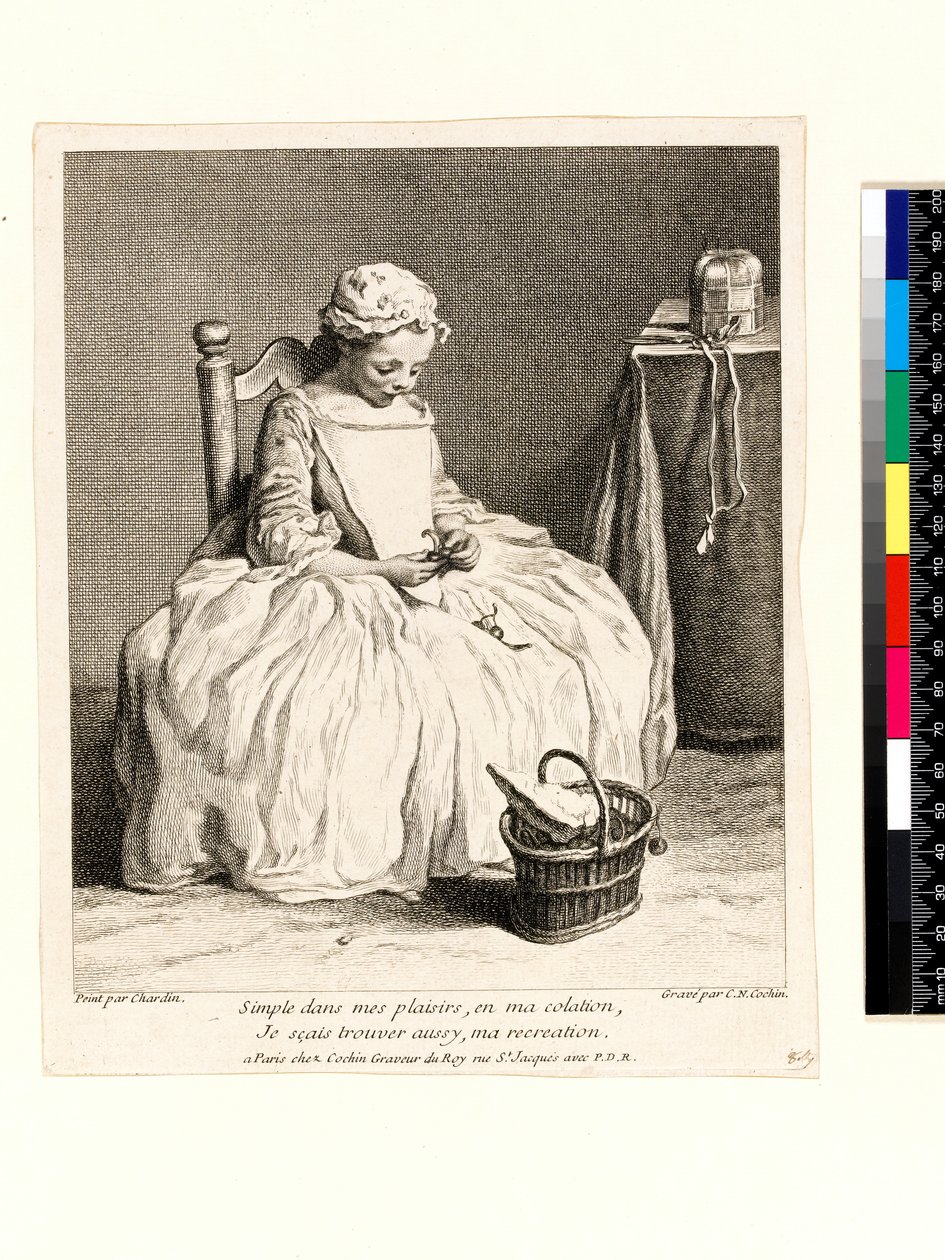 Liten jente med lunsjen sin (La Petite Fille aux Cerises) gravert av Charles Nicolas Cochin I (1688-1754) 1738 (etsing og gravering) av Jean Baptiste Simeon (after) Chardin