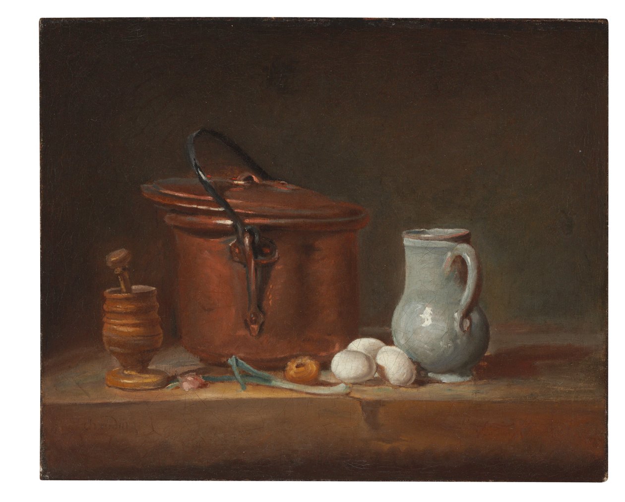 En kobbergryte, en morter, en mugge, en løk, egg og en løk på en hylle av Jean Baptiste Simeon Chardin
