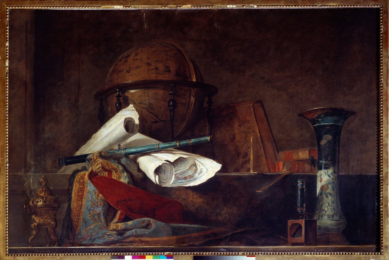 Allegory of science Stilleben, jordklode, geografiske kart, bøker og vase. Maleri av Jean Baptiste Simeon Chardin (1699-1779) Paris fra 1700-tallet, Musee Jacquemart Andre av Jean Baptiste Simeon Chardin