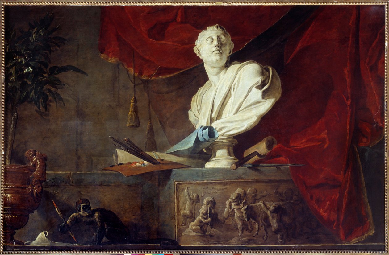 Allegory of the Arts Stilleben skulpturert byste, palett og børster, lerret, rull. Maleri av Jean Baptiste Simeon Chardin (1699-1779) Paris fra 1700-tallet, Musee Jacquemart Andre av Jean Baptiste Simeon Chardin