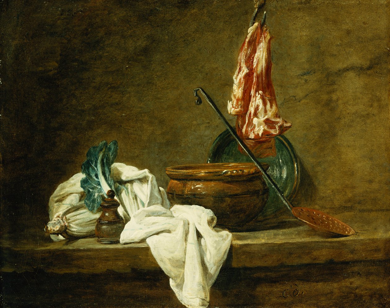 Rødbeter, en krydderboks, en oppvaskklut, en gryte, en glassert keramikkplate, en skimmer, med kjøtt på en krok, på en avsats, 1734 av Jean Baptiste Simeon Chardin