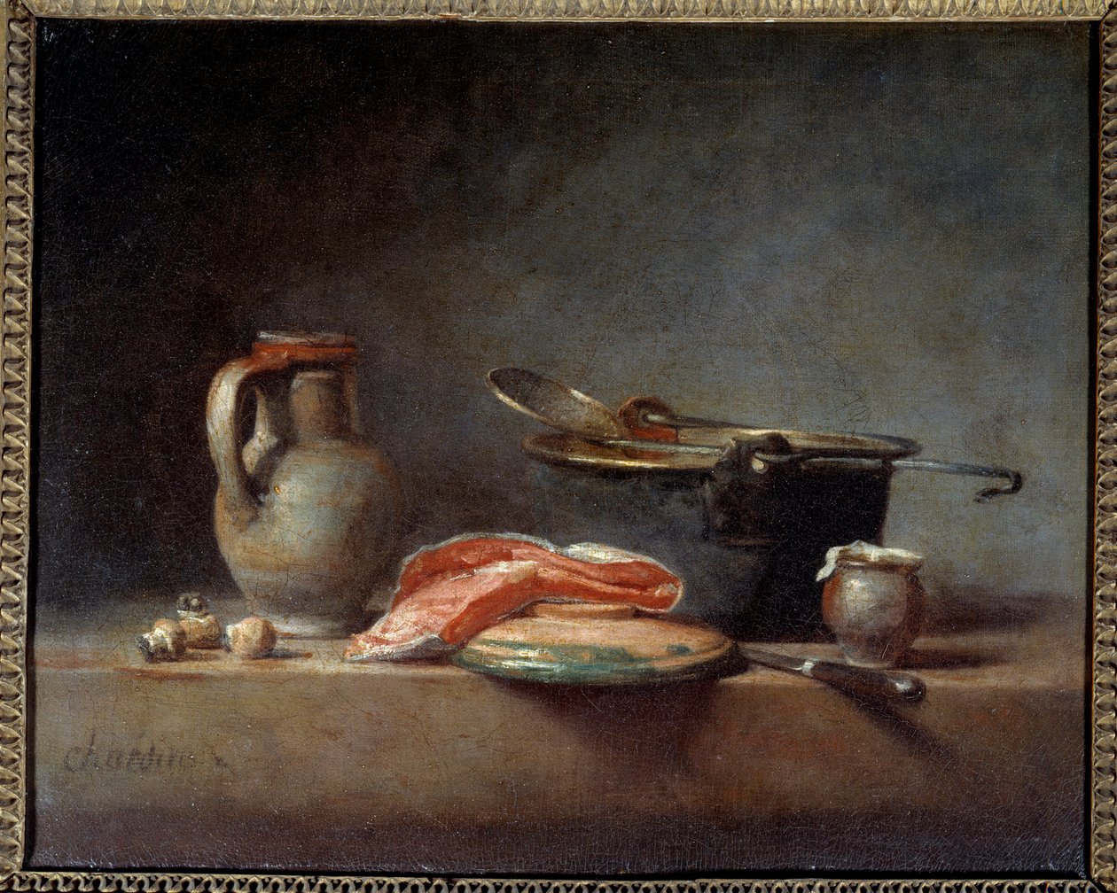 Kobbergryte, skimmer, mugge og lakseskive. Stilleben. Jean Baptiste Simeon Chardin (1699 - 1779) av Jean Baptiste Simeon Chardin