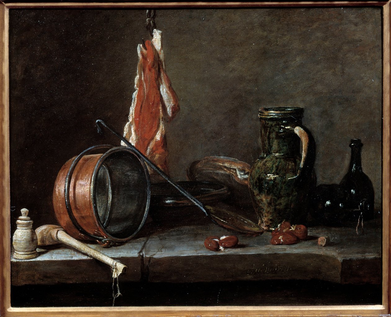Fettmeny og kjøkkenutstyr. Stilleben. Maleri av Jean Baptiste Simeon Chardin (1699-1779) av Jean Baptiste Simeon Chardin