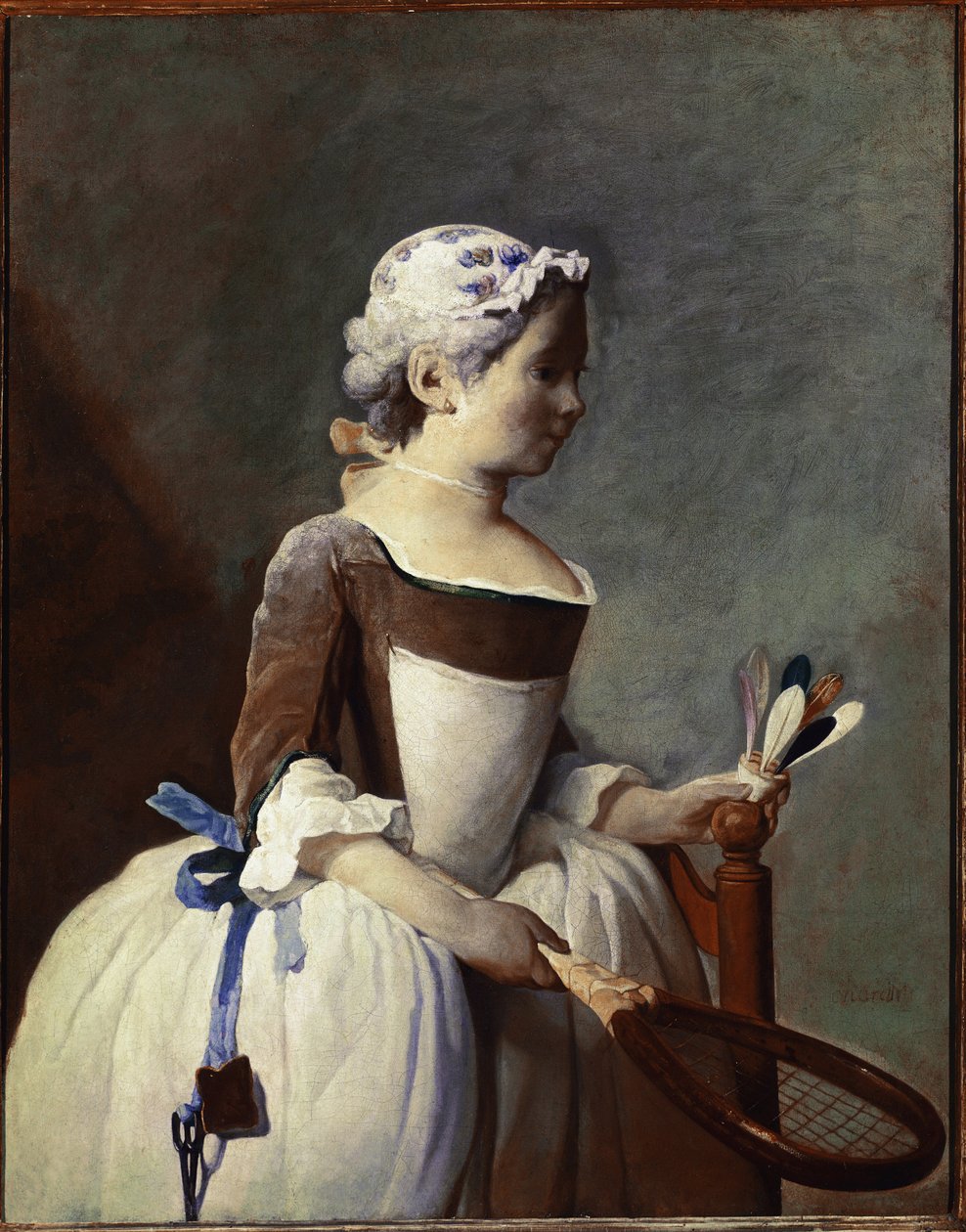 Jente med racket og fjerbolle (olje på lerret, ca. 1737) av Jean Baptiste Simeon Chardin