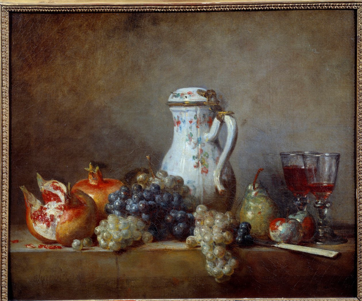 Druer og granater Maleri av Jean Baptiste Simeon Chardin (1699-1779) 1763 Søn. 0,47x0,57 m - Druer og granatepler. Maleri av Jean Baptiste Simeon Chardin (1699-1779) av Jean Baptiste Simeon Chardin