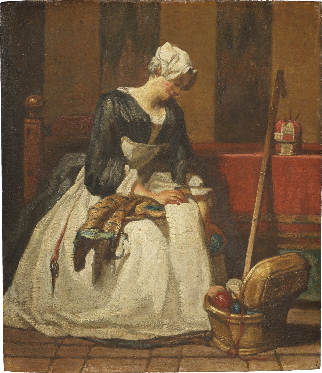 La brodeuse - Broderinnen, av Chardin, Jean Baptiste Simeon (1699-1779). Olje på tre. Mål: 19x16,5 cm. Nationalmuseum Stockholm av Jean Baptiste Simeon Chardin