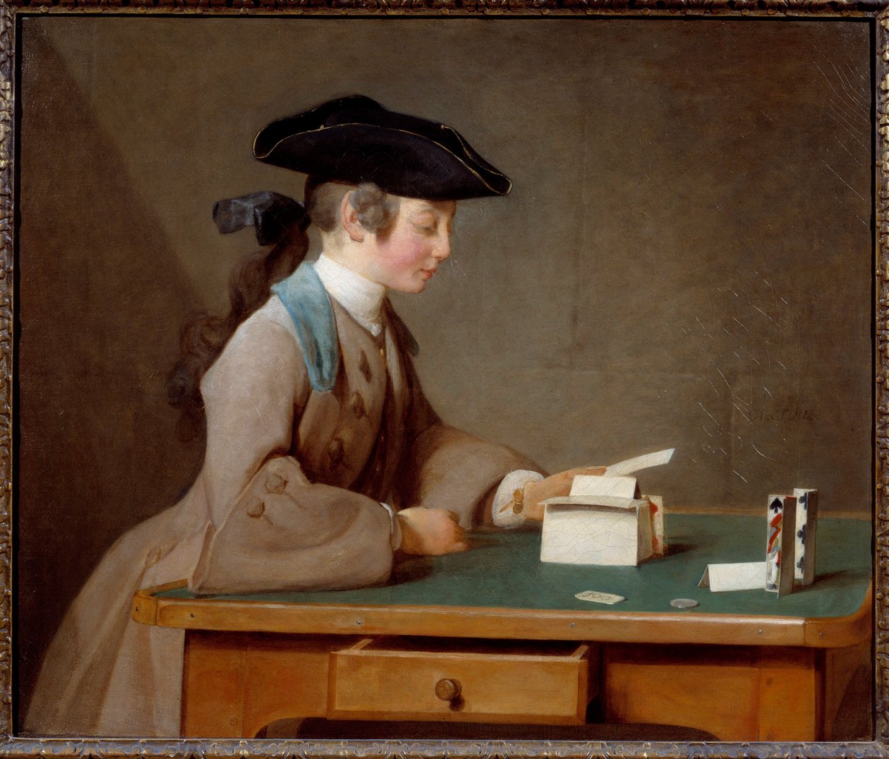 Korthuset eller lyden av Monsieur Le Noir-maleri av Jean Baptiste Simeon Chardin (1699-1779) 1737 Søn. 0,6x0,71 m London, nasjonalgalleriet - The House of cards (eller Mister Noirs sønn) - Maleri av Jean Baptiste Simeon Chardin (1699-1779), olje på av Jean Baptiste Simeon Chardin