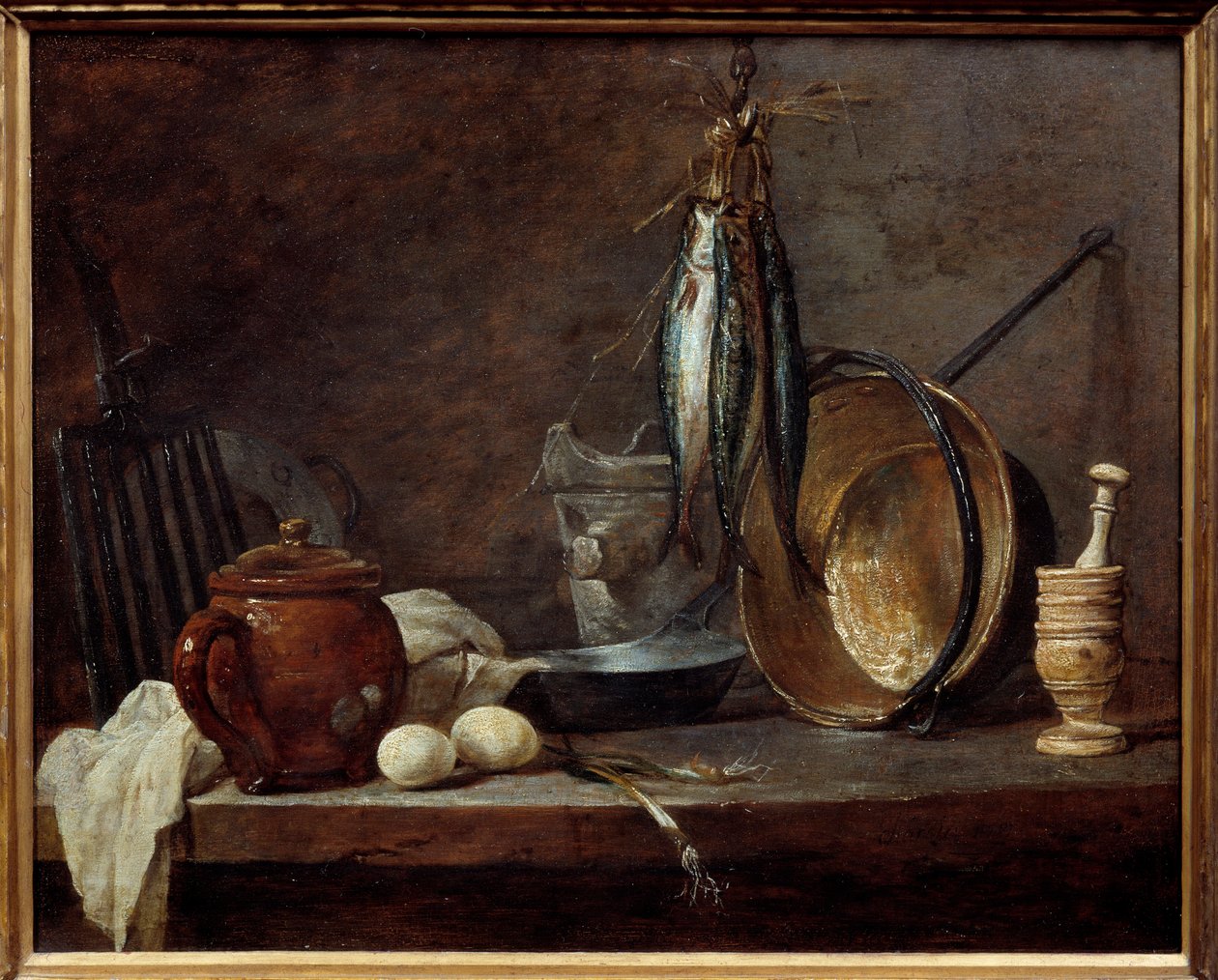 Meny med magert og kjøkkenutstyr. Stilleben. Maleri av Jean Baptiste Simeon Chardin (1699-1779) av Jean Baptiste Simeon Chardin