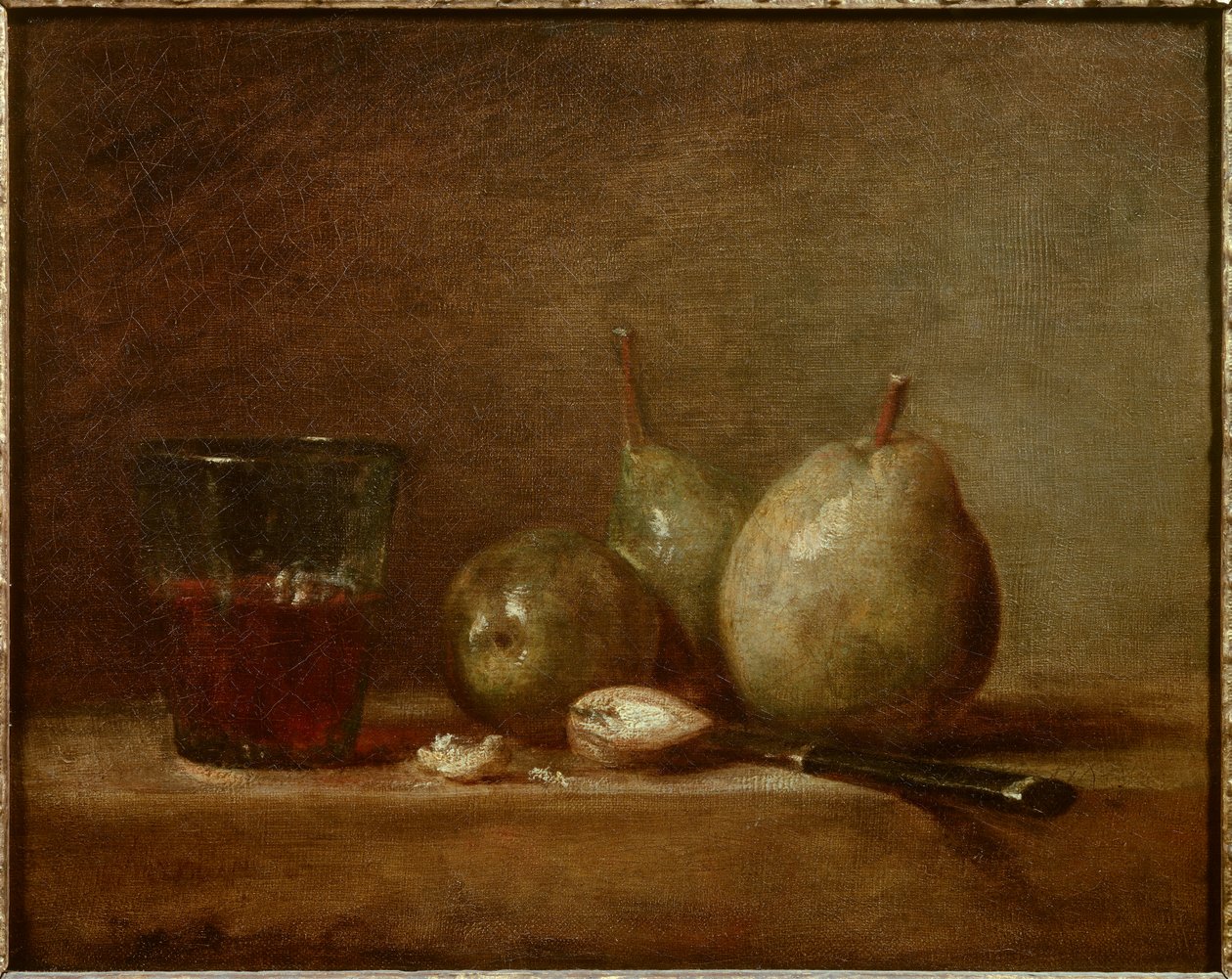 Pærer, nøtter og et glass vin. Stilleben. Maleri av Jean Baptiste Simeon Chardin (1699-1779) av Jean Baptiste Simeon Chardin