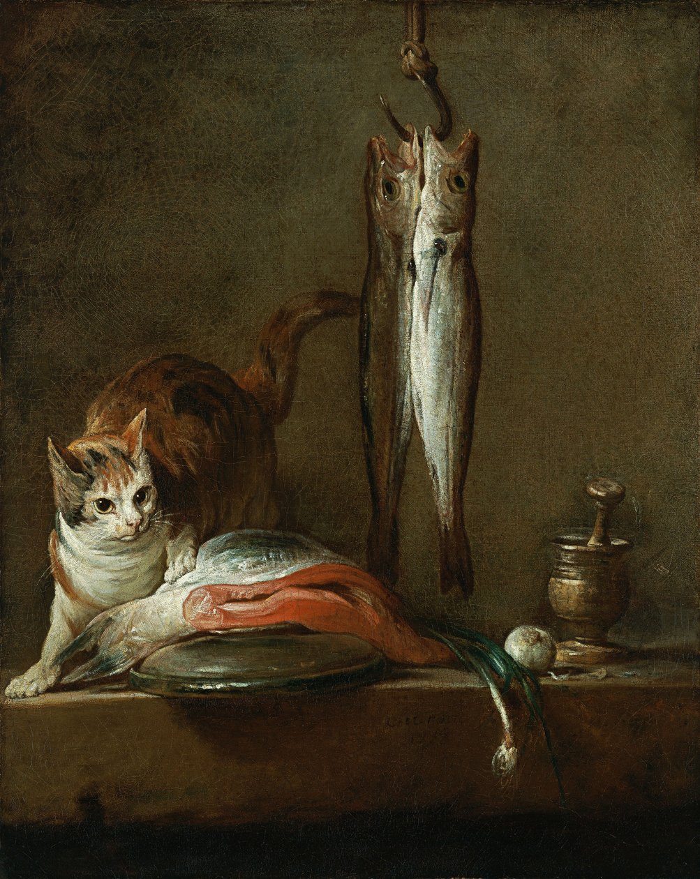 Stilleben med katt og fisk av Jean Baptiste Simeon Chardin