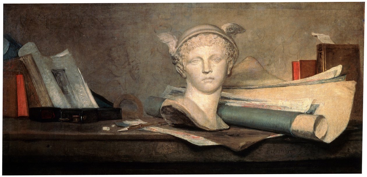 Stilleben med kunstens attributter, 1700-tallet. av Jean Baptiste Simeon Chardin