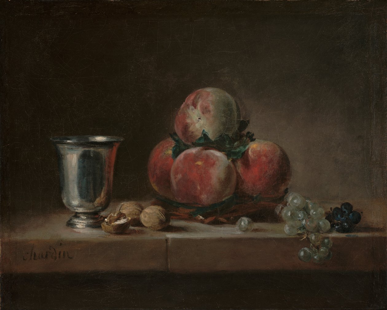 Stilleben med fersken, en sølvbeger, druer og valnøtter, ca. 1759-60 (olje på lerret) av Jean Baptiste Simeon Chardin