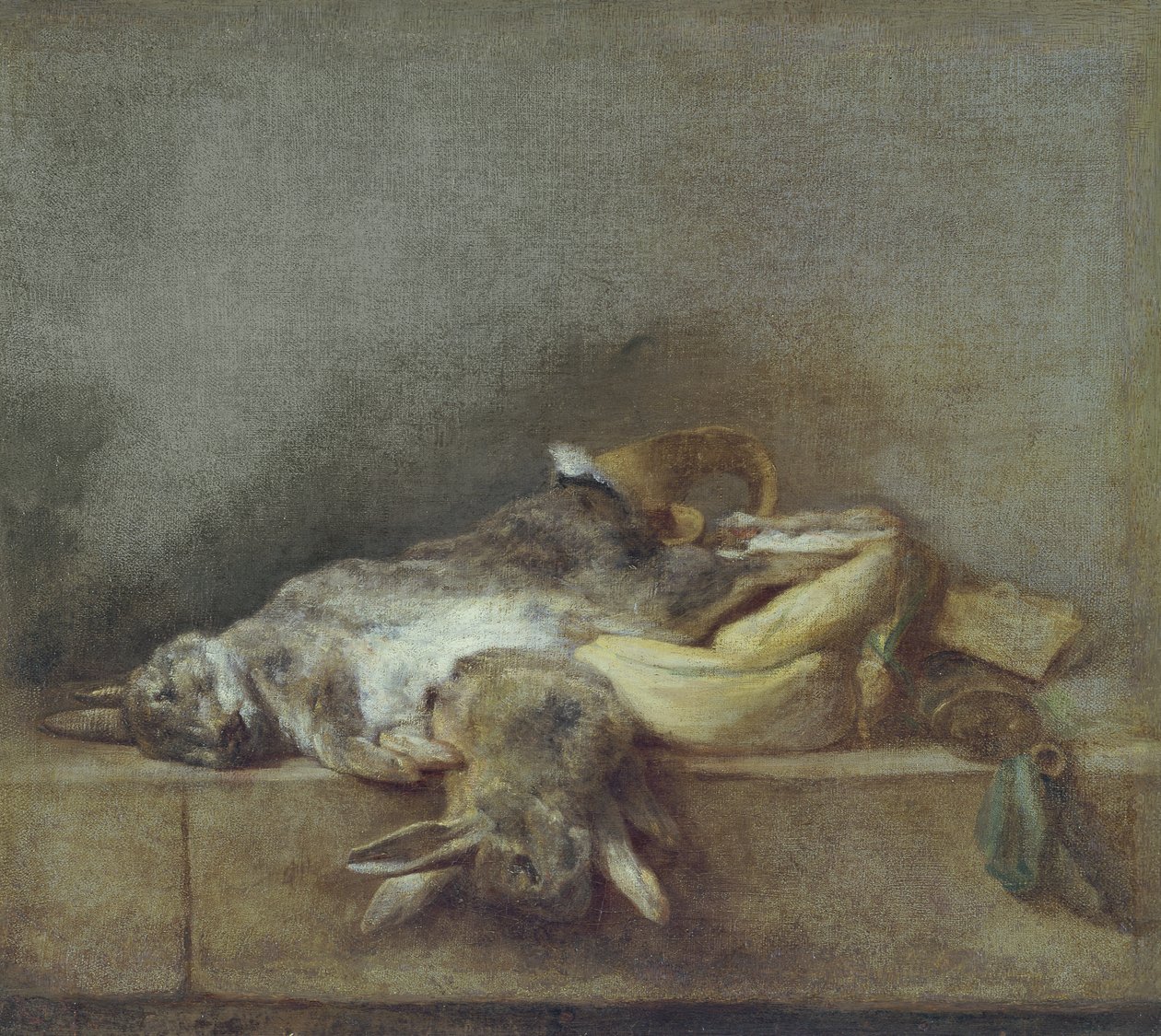 Stilleben med kaniner, en Gamebag og et Pulverhorn, ca. 1755 av Jean Baptiste Simeon Chardin