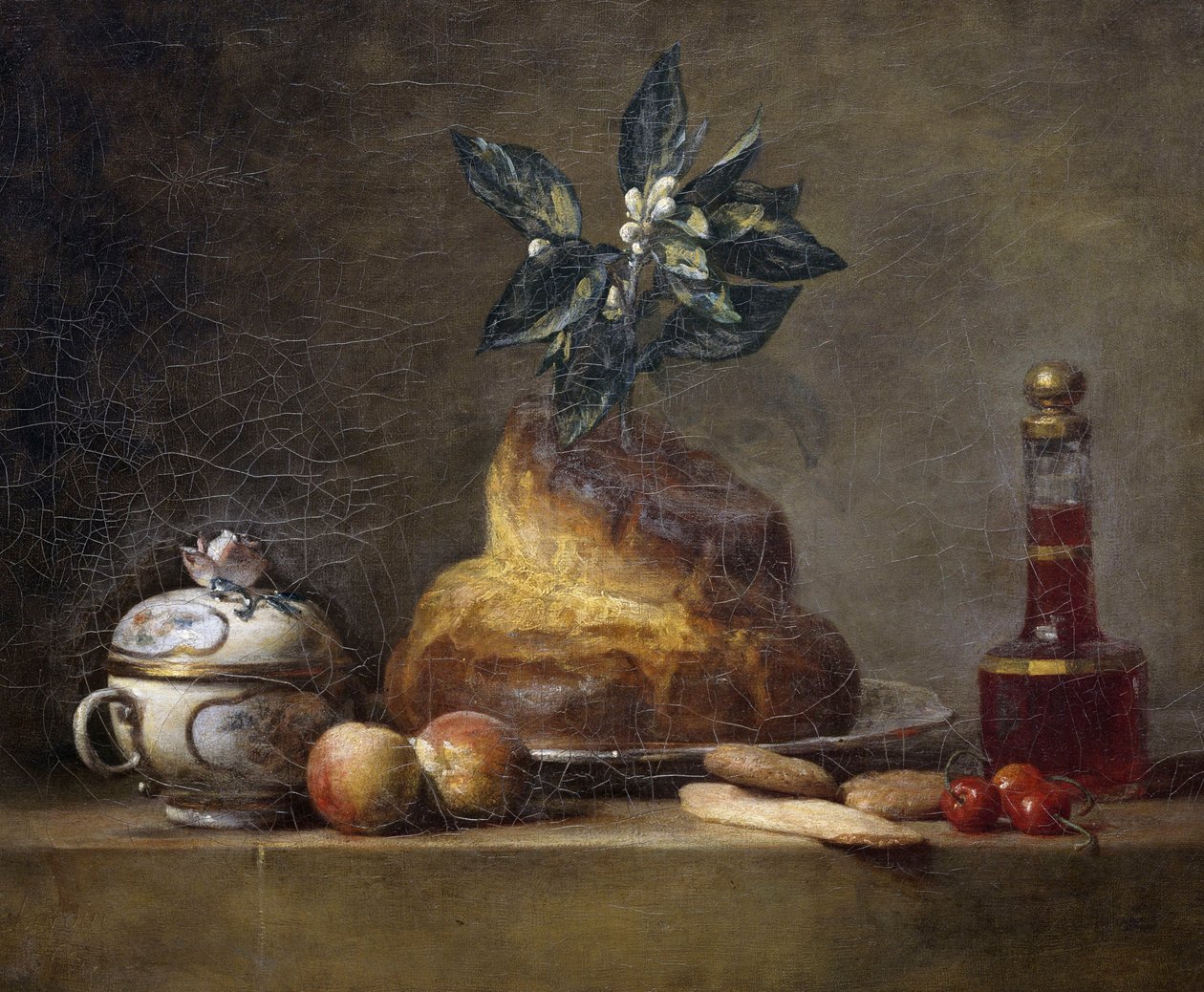 Stilleben med brioche av Jean Baptiste Simeon Chardin