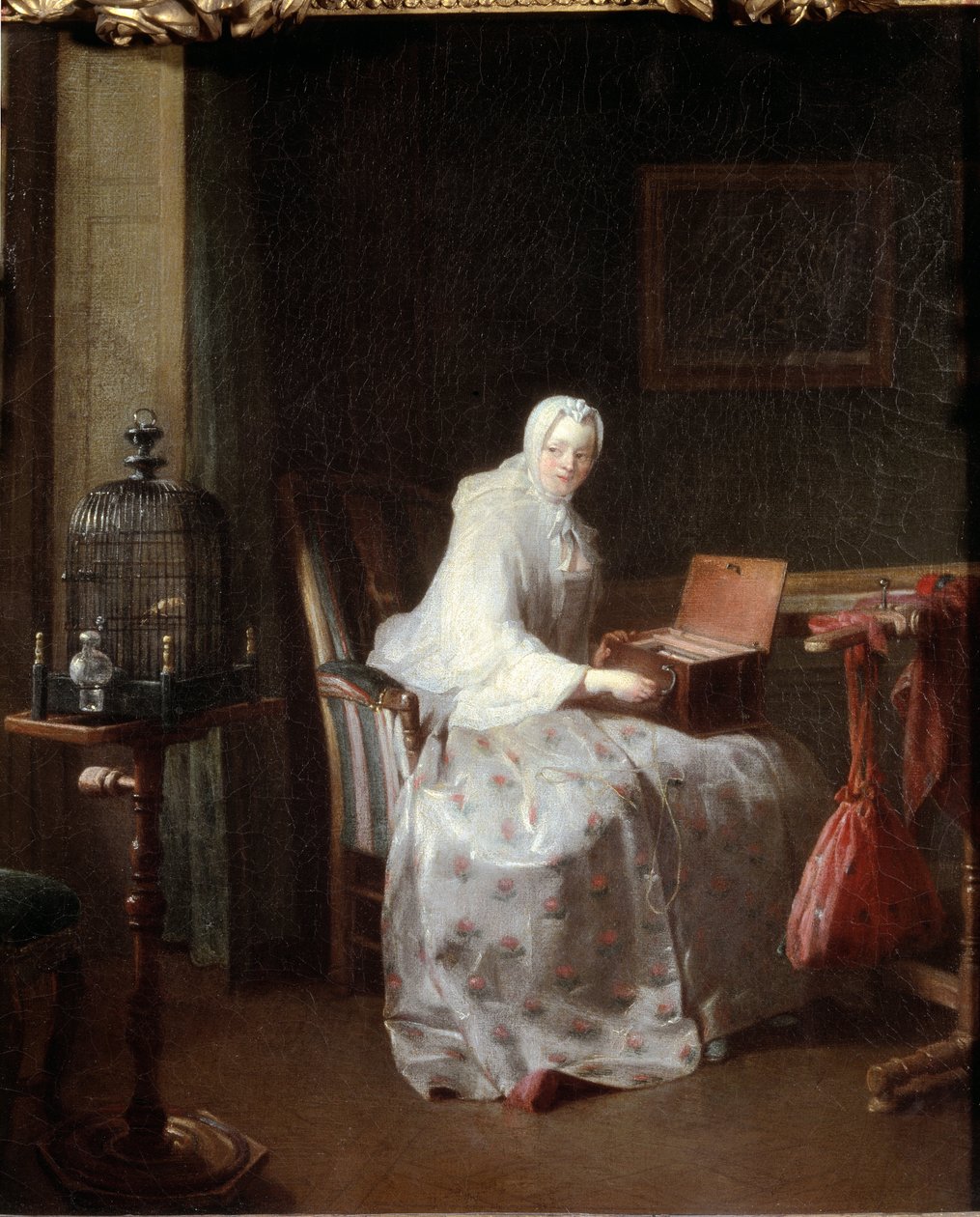 Kanarifuglen eller kvinnen varierer hennes fornøyelser - olje på lerret av Jean Baptiste Simeon Chardin