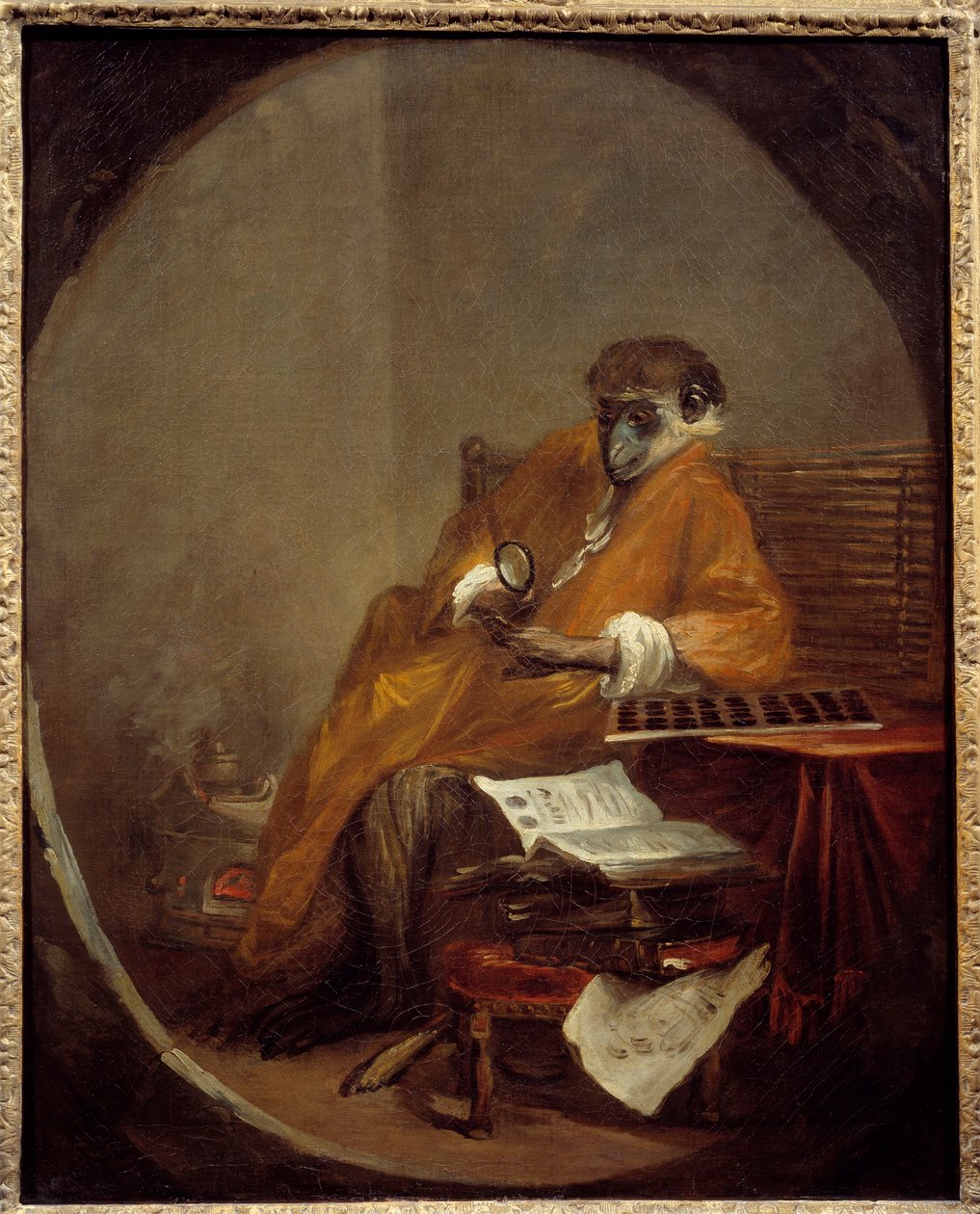 Den antikke apen. Representasjon av en ape i menneskets holdning. Maleri av Jean Baptiste Simeon Chardin (1699-1779) av Jean Baptiste Simeon Chardin