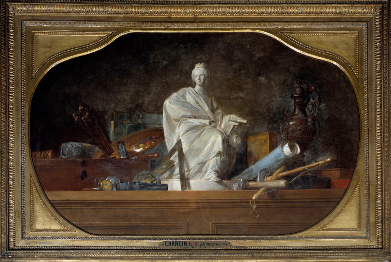 Attributtene til Arts Allegory of the arts med skulptørverktøy, statuett. Maleri av Jean Baptiste Simeon Chardin (1699-1779) 1765 Søn. 0,91x1,45 m av Jean Baptiste Simeon Chardin