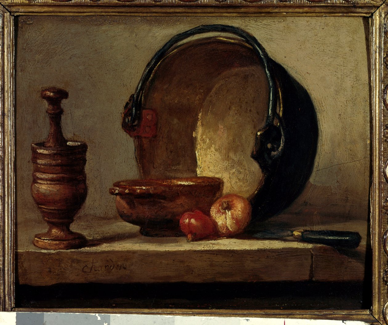 Kobberchaudon stilleben med mørtel og løk. Maleri av Jean Baptiste Simeon Chardin (1699-1779) 1732 Paris, Musee Cognacq Jay av Jean Baptiste Simeon Chardin